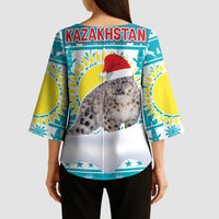 Kazakhstan Christmas Kimono Sleeve Blouse with Snow Leopard in Santa Hat Blue and Yellow Reindeer Snowflake - Wonder Print Shop