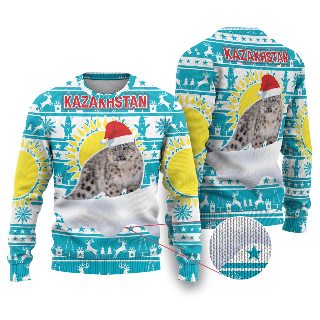 Kazakhstan Christmas Ugly Christmas Sweater with Snow Leopard in Santa Hat Blue and Yellow Reindeer Snowflake - Wonder Print Shop