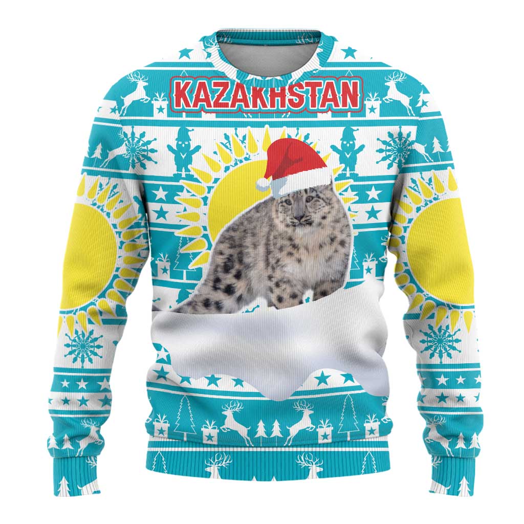 Kazakhstan Christmas Ugly Christmas Sweater with Snow Leopard in Santa Hat Blue and Yellow Reindeer Snowflake - Wonder Print Shop