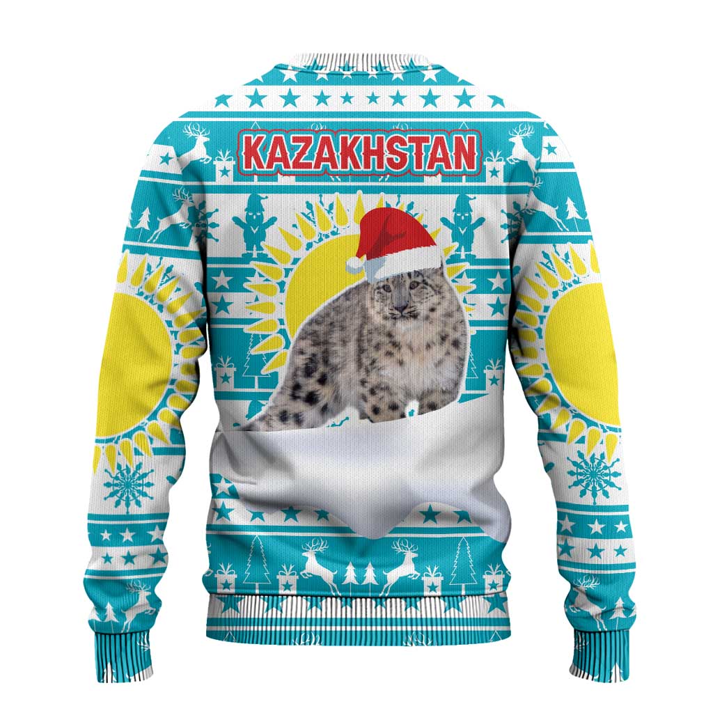 Kazakhstan Christmas Ugly Christmas Sweater with Snow Leopard in Santa Hat Blue and Yellow Reindeer Snowflake - Wonder Print Shop