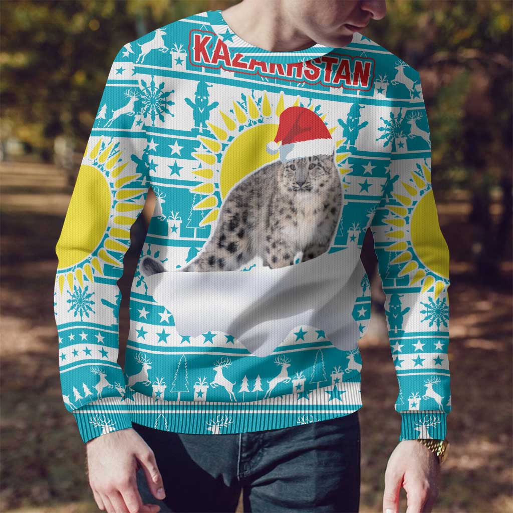 Kazakhstan Christmas Ugly Christmas Sweater with Snow Leopard in Santa Hat Blue and Yellow Reindeer Snowflake - Wonder Print Shop
