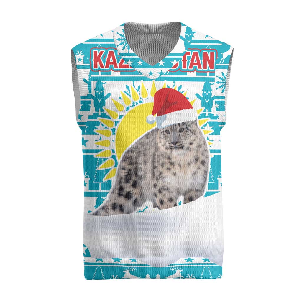 Kazakhstan Christmas Knitted V-Neck Vest with Snow Leopard in Santa Hat Blue and Yellow Reindeer Snowflake - Wonder Print Shop