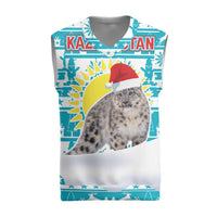Kazakhstan Christmas Knitted V-Neck Vest with Snow Leopard in Santa Hat Blue and Yellow Reindeer Snowflake - Wonder Print Shop