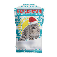 Kazakhstan Christmas Knitted V-Neck Vest with Snow Leopard in Santa Hat Blue and Yellow Reindeer Snowflake - Wonder Print Shop
