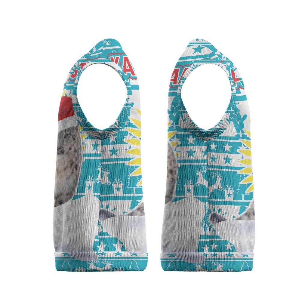 Kazakhstan Christmas Knitted V-Neck Vest with Snow Leopard in Santa Hat Blue and Yellow Reindeer Snowflake - Wonder Print Shop