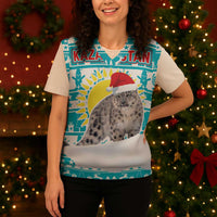 Kazakhstan Christmas Knitted V-Neck Vest with Snow Leopard in Santa Hat Blue and Yellow Reindeer Snowflake - Wonder Print Shop