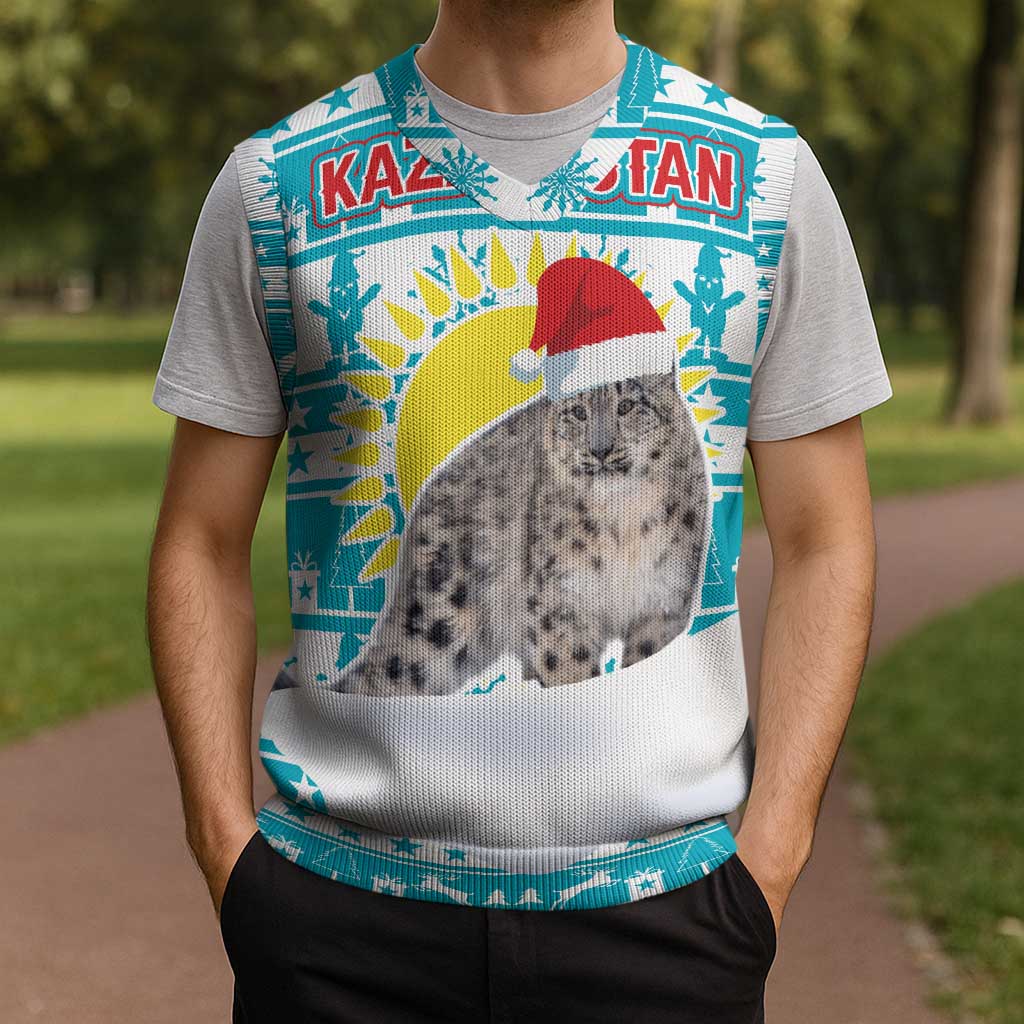 Kazakhstan Christmas Knitted V-Neck Vest with Snow Leopard in Santa Hat Blue and Yellow Reindeer Snowflake - Wonder Print Shop