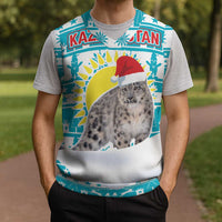 Kazakhstan Christmas Knitted V-Neck Vest with Snow Leopard in Santa Hat Blue and Yellow Reindeer Snowflake - Wonder Print Shop