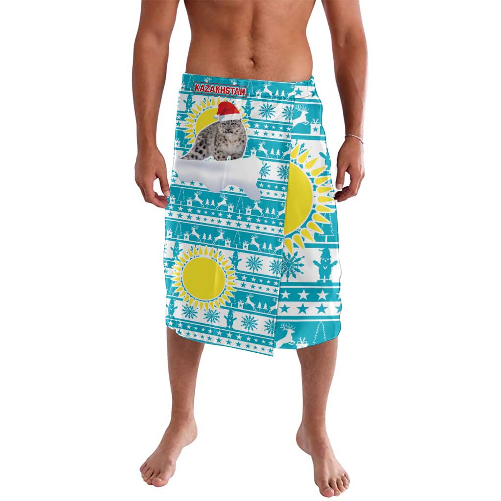 Kazakhstan Christmas Lavalava with Snow Leopard in Santa Hat Blue and Yellow Reindeer Snowflake - Wonder Print Shop