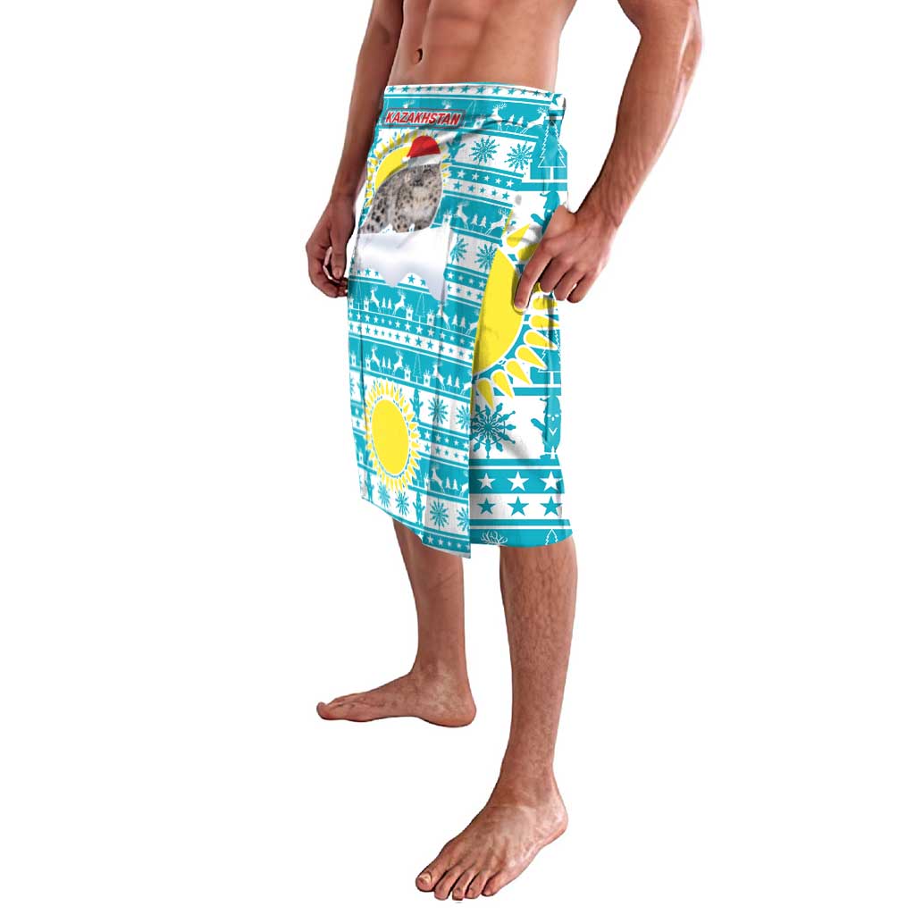Kazakhstan Christmas Lavalava with Snow Leopard in Santa Hat Blue and Yellow Reindeer Snowflake - Wonder Print Shop