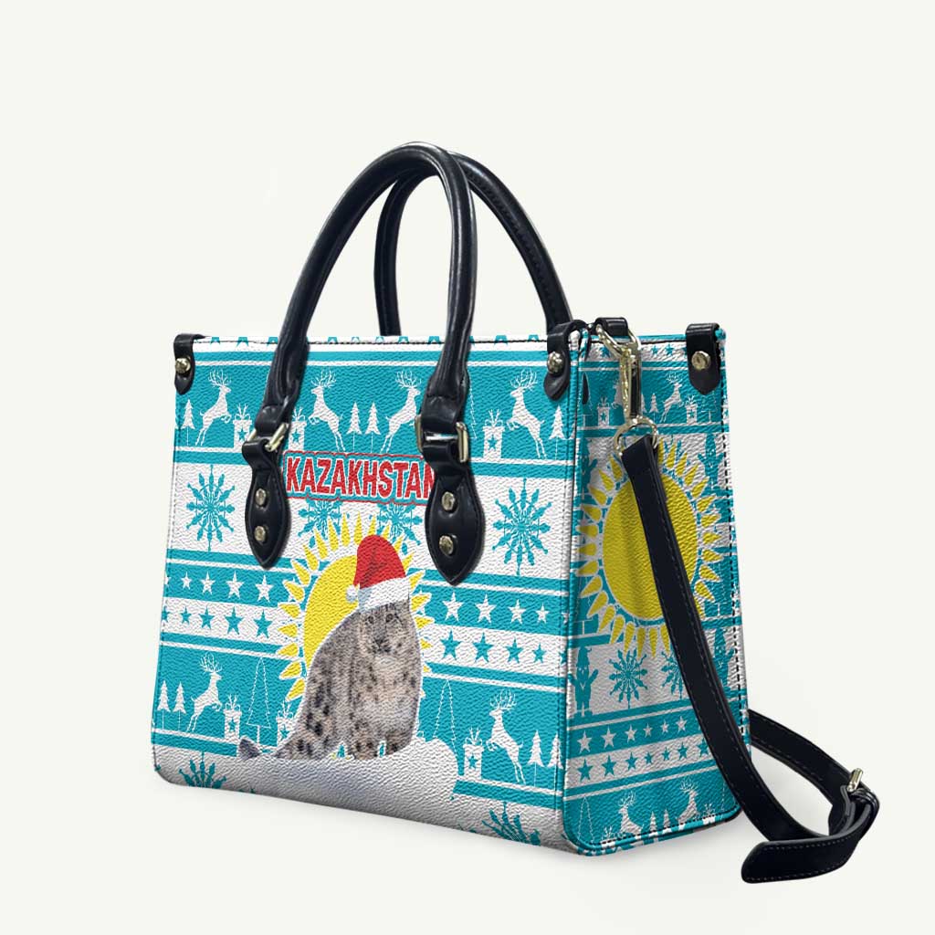 Kazakhstan Christmas Leather Bag with Snow Leopard in Santa Hat Blue and Yellow Reindeer Snowflake - Wonder Print Shop