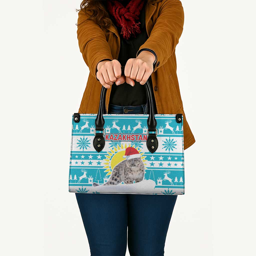 Kazakhstan Christmas Leather Bag with Snow Leopard in Santa Hat Blue and Yellow Reindeer Snowflake - Wonder Print Shop