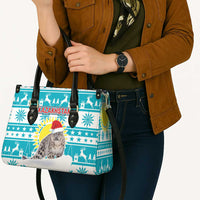 Kazakhstan Christmas Leather Bag with Snow Leopard in Santa Hat Blue and Yellow Reindeer Snowflake - Wonder Print Shop