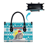 Kazakhstan Christmas Leather Bag with Snow Leopard in Santa Hat Blue and Yellow Reindeer Snowflake - Wonder Print Shop