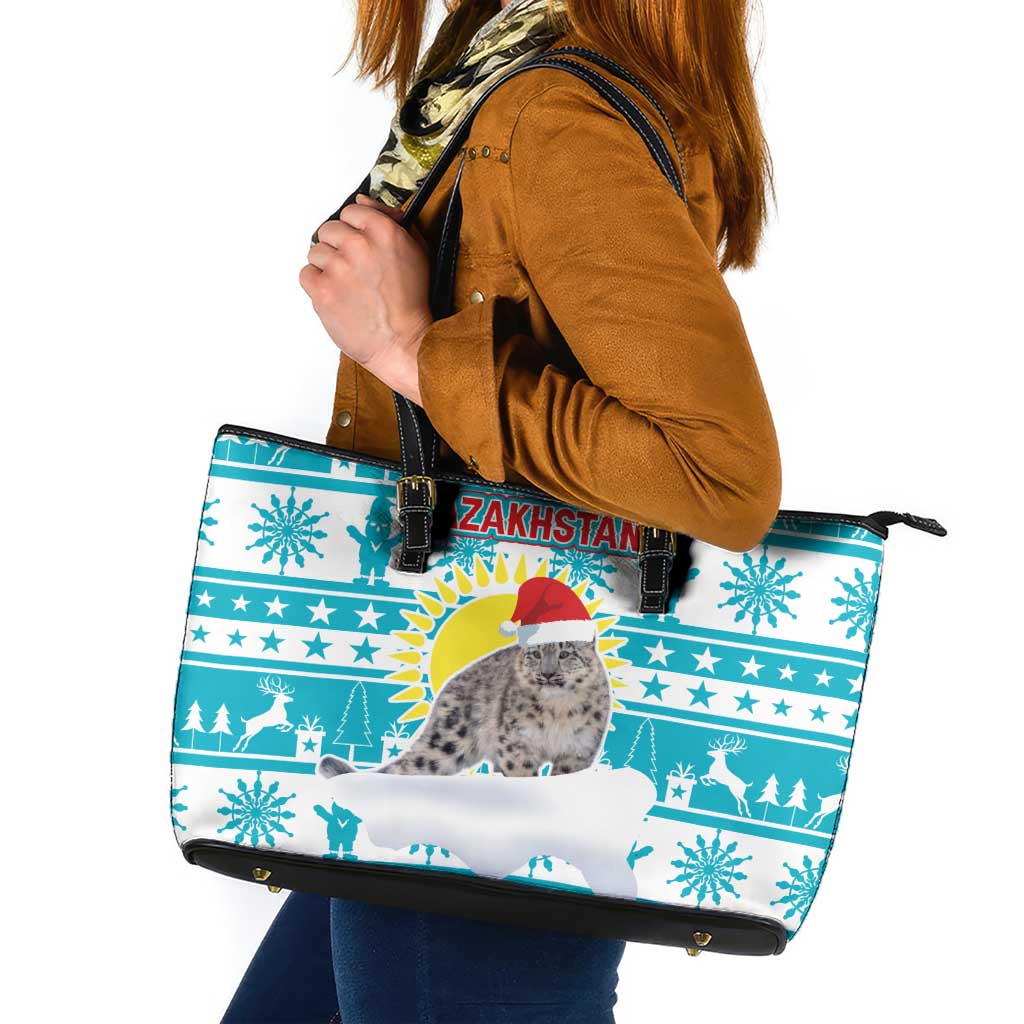 Kazakhstan Christmas Leather Tote Bag with Snow Leopard in Santa Hat Blue and Yellow Reindeer Snowflake - Wonder Print Shop