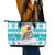 Kazakhstan Christmas Leather Tote Bag with Snow Leopard in Santa Hat Blue and Yellow Reindeer Snowflake - Wonder Print Shop