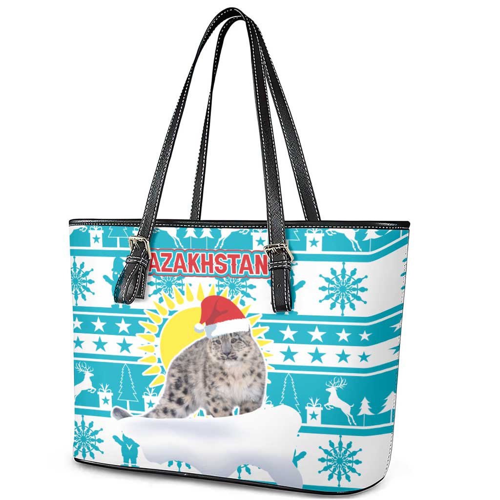 Kazakhstan Christmas Leather Tote Bag with Snow Leopard in Santa Hat Blue and Yellow Reindeer Snowflake - Wonder Print Shop