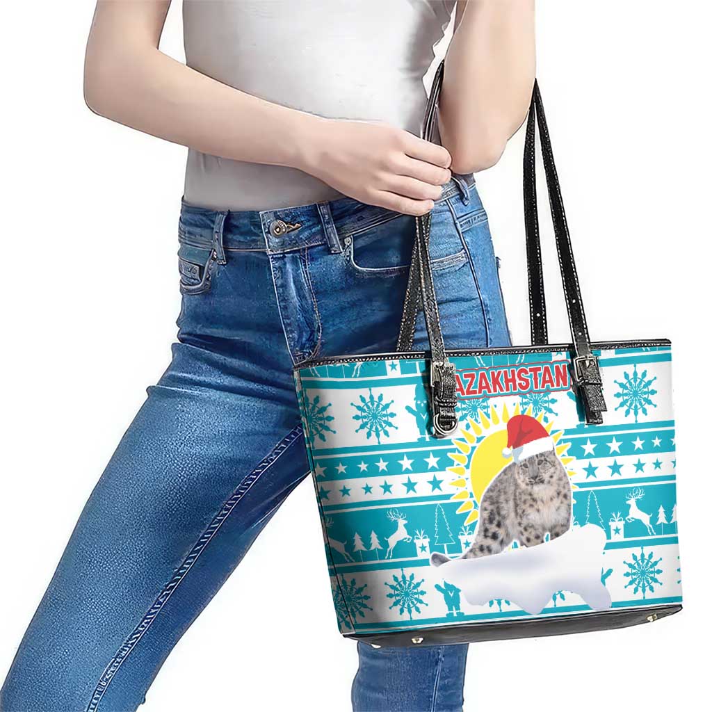 Kazakhstan Christmas Leather Tote Bag with Snow Leopard in Santa Hat Blue and Yellow Reindeer Snowflake - Wonder Print Shop