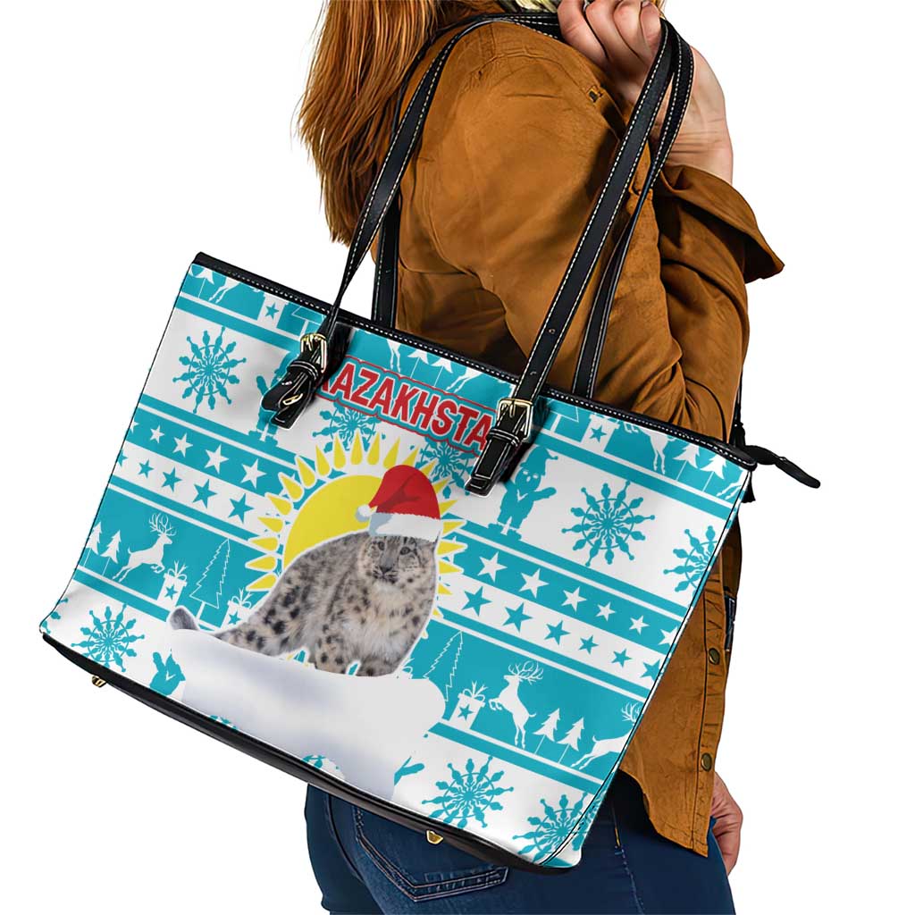 Kazakhstan Christmas Leather Tote Bag with Snow Leopard in Santa Hat Blue and Yellow Reindeer Snowflake - Wonder Print Shop