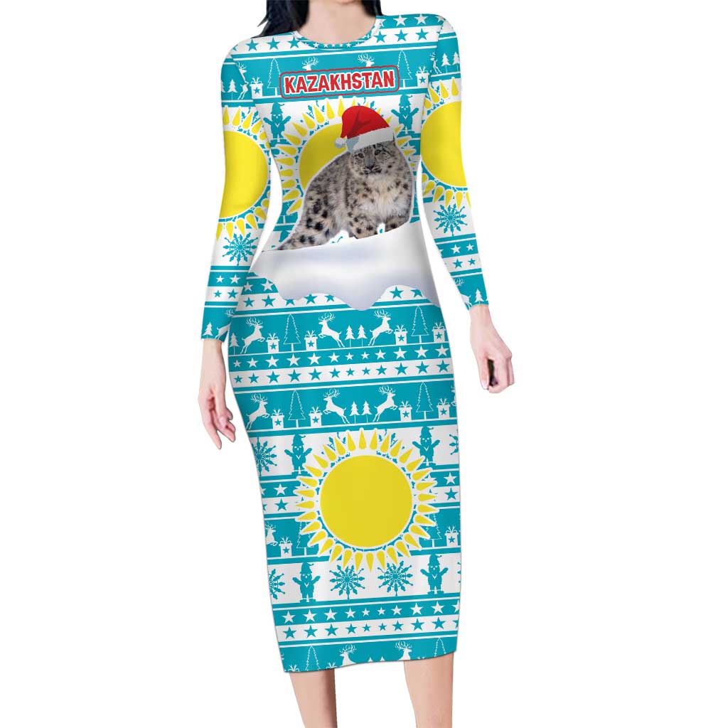 Kazakhstan Christmas Long Sleeve Bodycon Dress with Snow Leopard in Santa Hat Blue and Yellow Reindeer Snowflake - Wonder Print Shop
