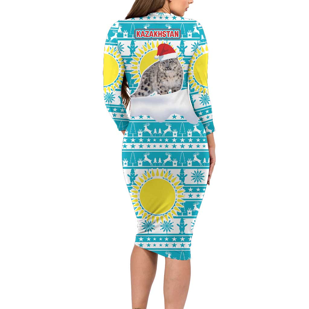 Kazakhstan Christmas Long Sleeve Bodycon Dress with Snow Leopard in Santa Hat Blue and Yellow Reindeer Snowflake - Wonder Print Shop