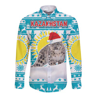 Kazakhstan Christmas Long Sleeve Button Shirt with Snow Leopard in Santa Hat Blue and Yellow Reindeer Snowflake - Wonder Print Shop