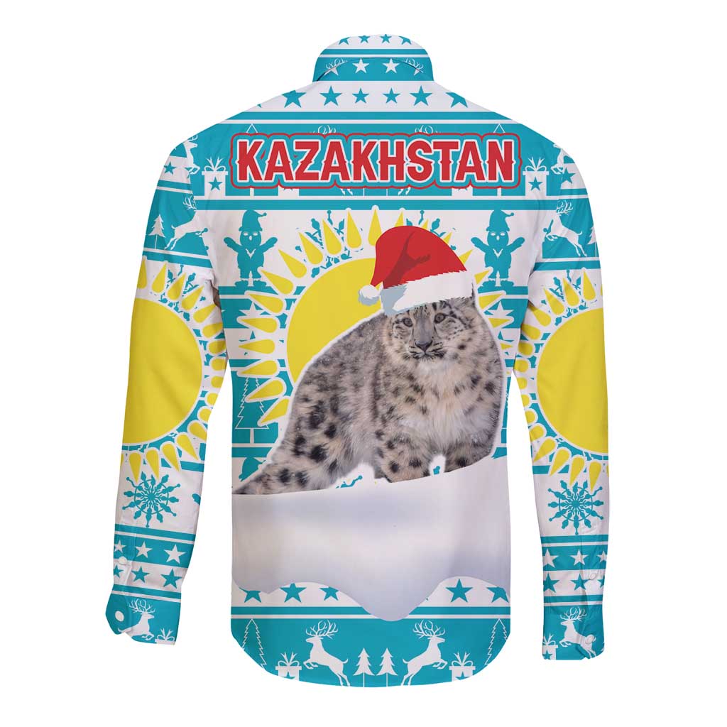 Kazakhstan Christmas Long Sleeve Button Shirt with Snow Leopard in Santa Hat Blue and Yellow Reindeer Snowflake - Wonder Print Shop