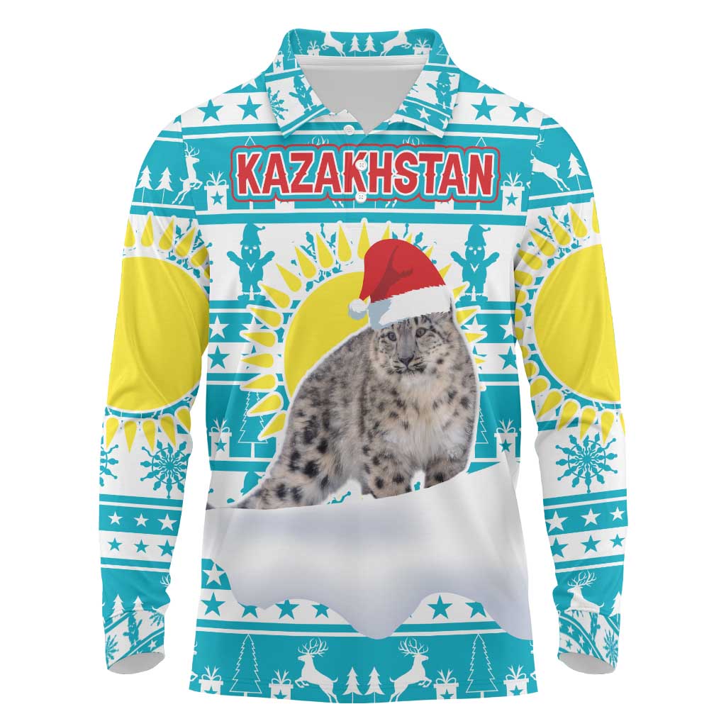Kazakhstan Christmas Long Sleeve Polo Shirt with Snow Leopard in Santa Hat Blue and Yellow Reindeer Snowflake - Wonder Print Shop