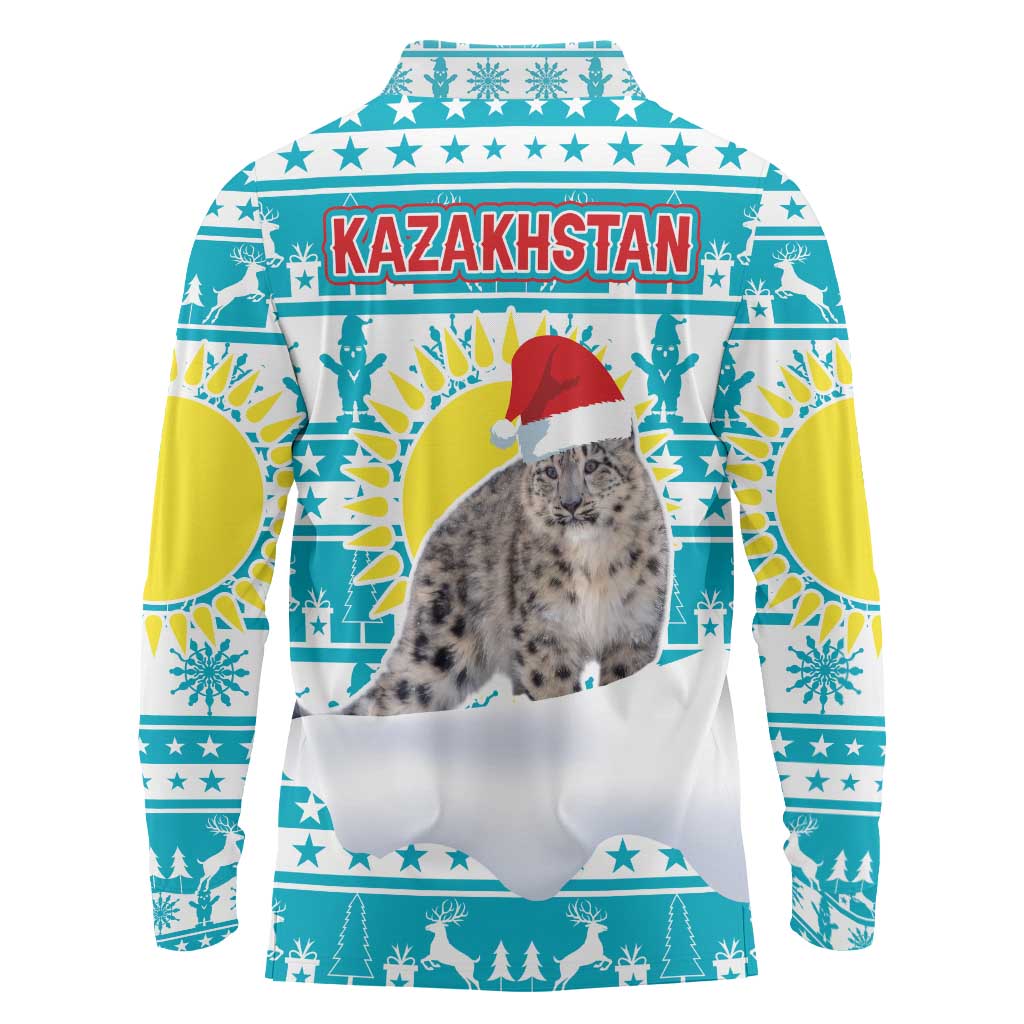 Kazakhstan Christmas Long Sleeve Polo Shirt with Snow Leopard in Santa Hat Blue and Yellow Reindeer Snowflake - Wonder Print Shop