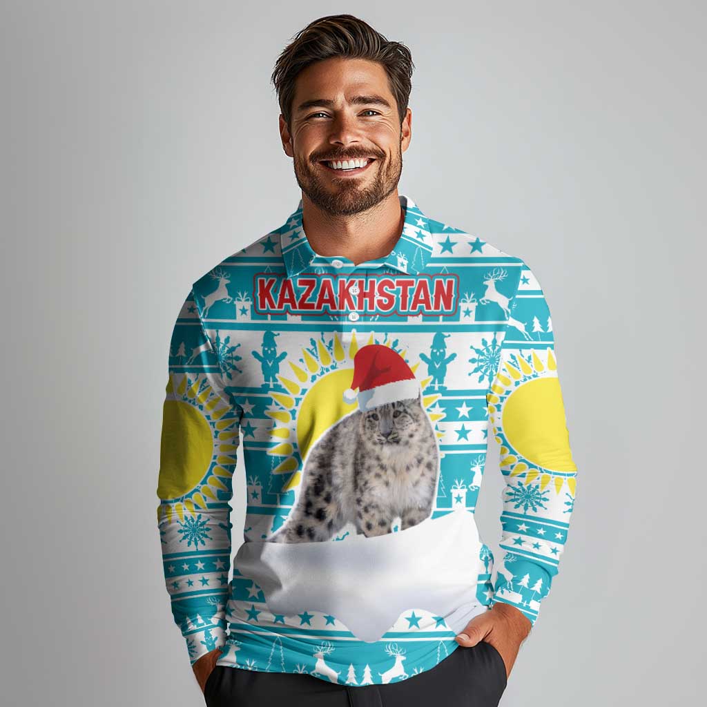 Kazakhstan Christmas Long Sleeve Polo Shirt with Snow Leopard in Santa Hat Blue and Yellow Reindeer Snowflake - Wonder Print Shop
