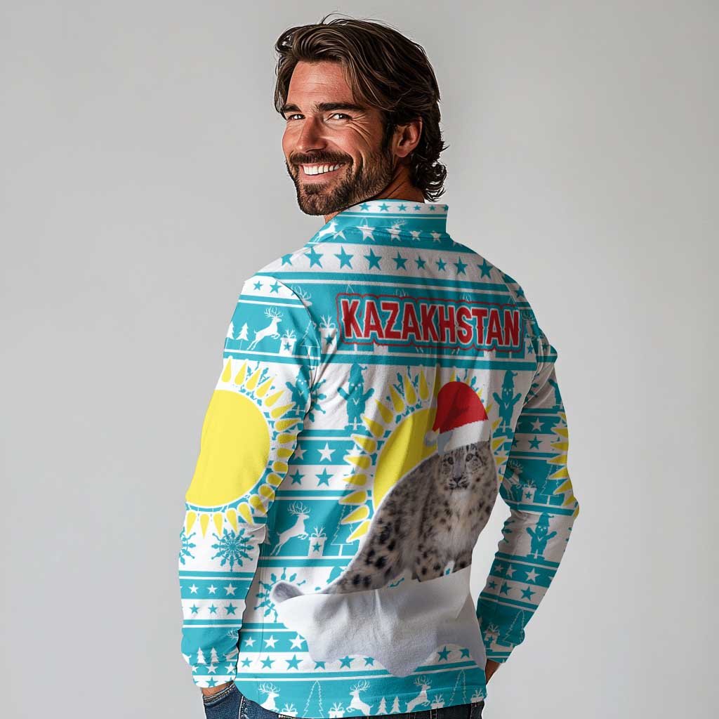Kazakhstan Christmas Long Sleeve Polo Shirt with Snow Leopard in Santa Hat Blue and Yellow Reindeer Snowflake - Wonder Print Shop
