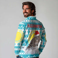 Kazakhstan Christmas Long Sleeve Polo Shirt with Snow Leopard in Santa Hat Blue and Yellow Reindeer Snowflake - Wonder Print Shop