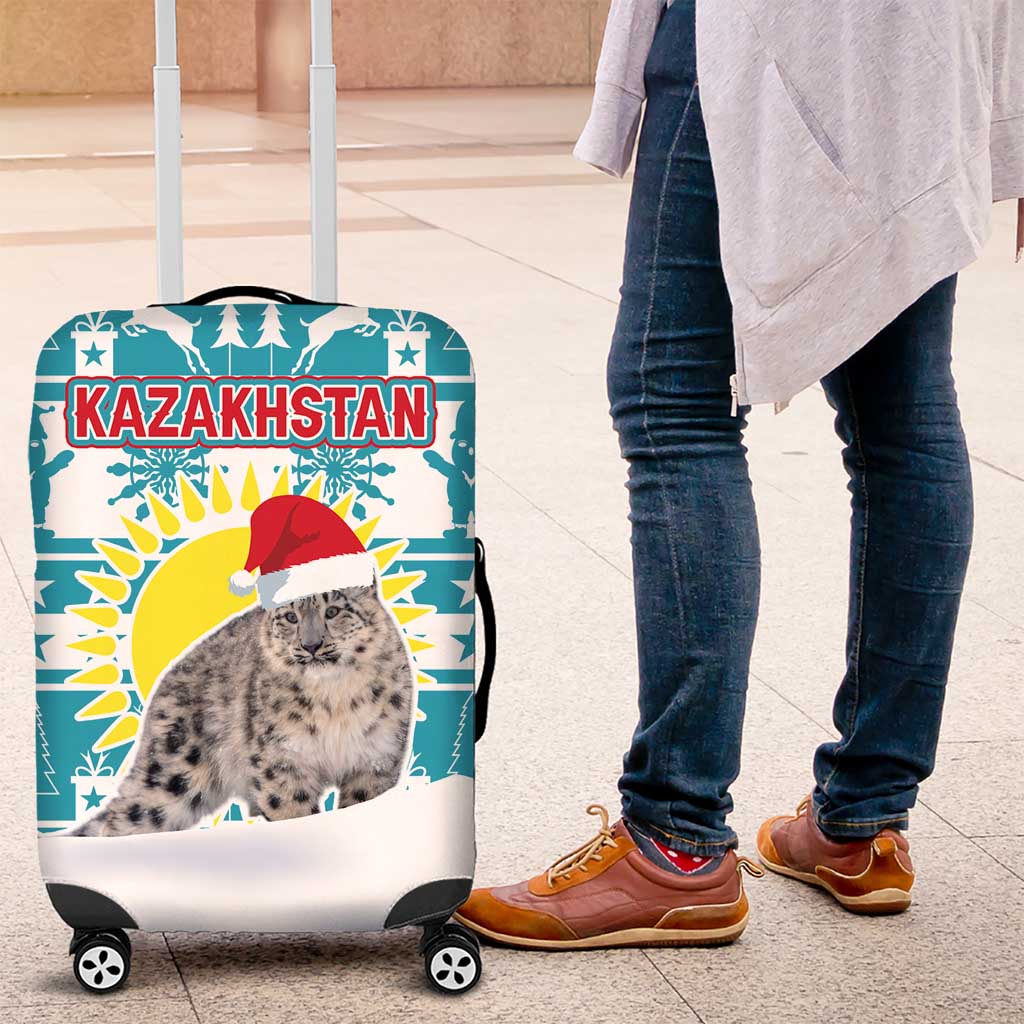Kazakhstan Christmas Luggage Cover with Snow Leopard in Santa Hat Blue and Yellow Reindeer Snowflake - Wonder Print Shop