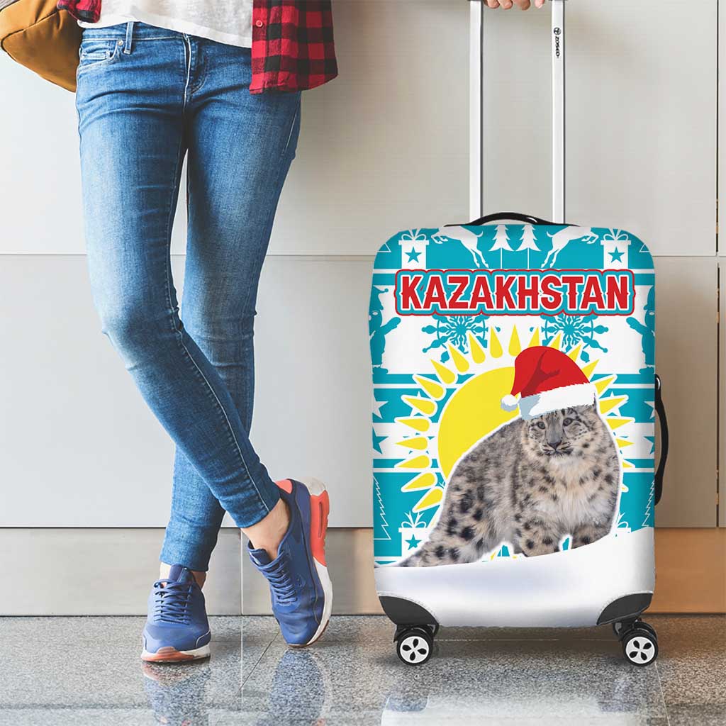 Kazakhstan Christmas Luggage Cover with Snow Leopard in Santa Hat Blue and Yellow Reindeer Snowflake - Wonder Print Shop