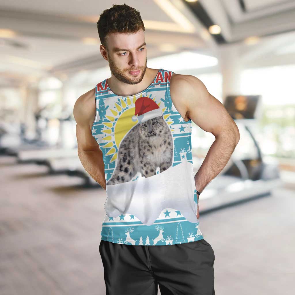 Kazakhstan Christmas Men Tank Top with Snow Leopard in Santa Hat Blue and Yellow Reindeer Snowflake - Wonder Print Shop