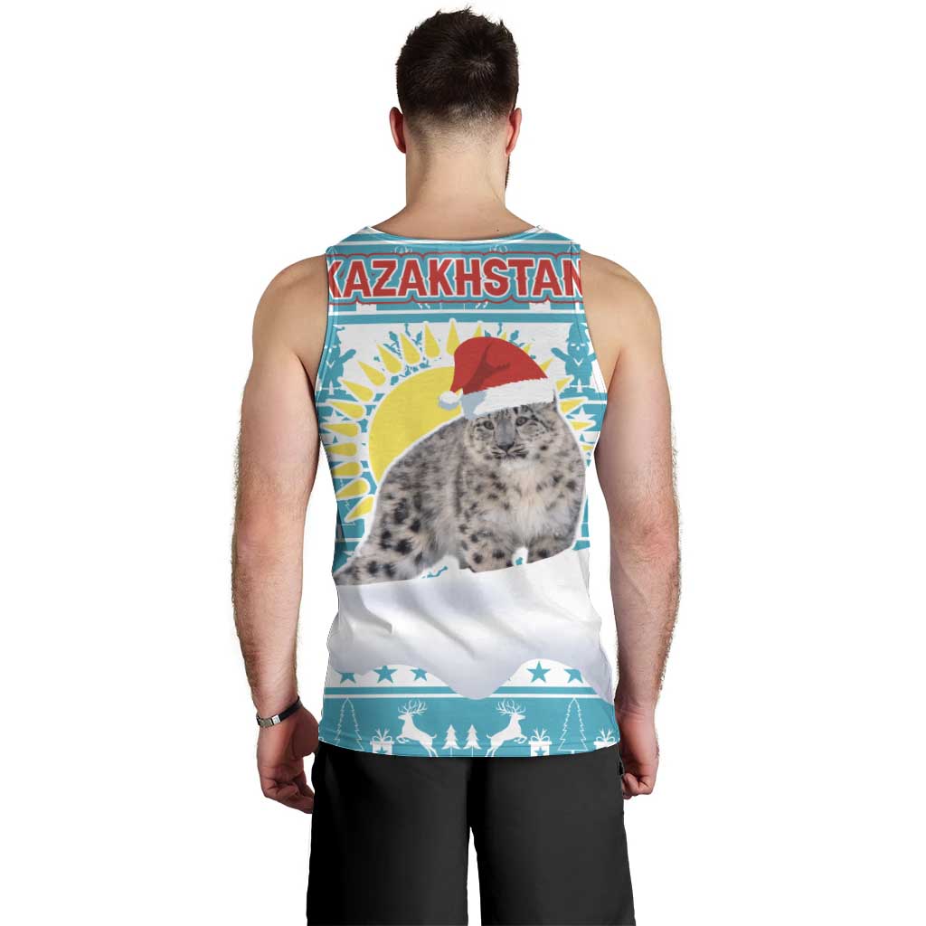 Kazakhstan Christmas Men Tank Top with Snow Leopard in Santa Hat Blue and Yellow Reindeer Snowflake - Wonder Print Shop