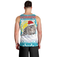 Kazakhstan Christmas Men Tank Top with Snow Leopard in Santa Hat Blue and Yellow Reindeer Snowflake - Wonder Print Shop