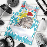 Kazakhstan Christmas Men Tank Top with Snow Leopard in Santa Hat Blue and Yellow Reindeer Snowflake - Wonder Print Shop