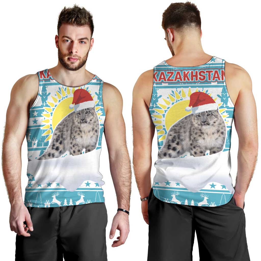 Kazakhstan Christmas Men Tank Top with Snow Leopard in Santa Hat Blue and Yellow Reindeer Snowflake - Wonder Print Shop