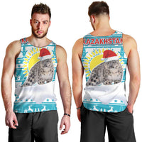 Kazakhstan Christmas Men Tank Top with Snow Leopard in Santa Hat Blue and Yellow Reindeer Snowflake - Wonder Print Shop