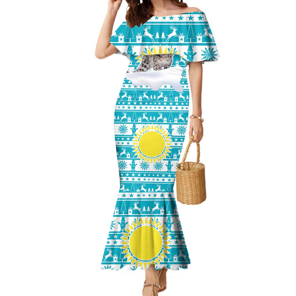 Kazakhstan Christmas Mermaid Dress with Snow Leopard in Santa Hat Blue and Yellow Reindeer Snowflake - Wonder Print Shop
