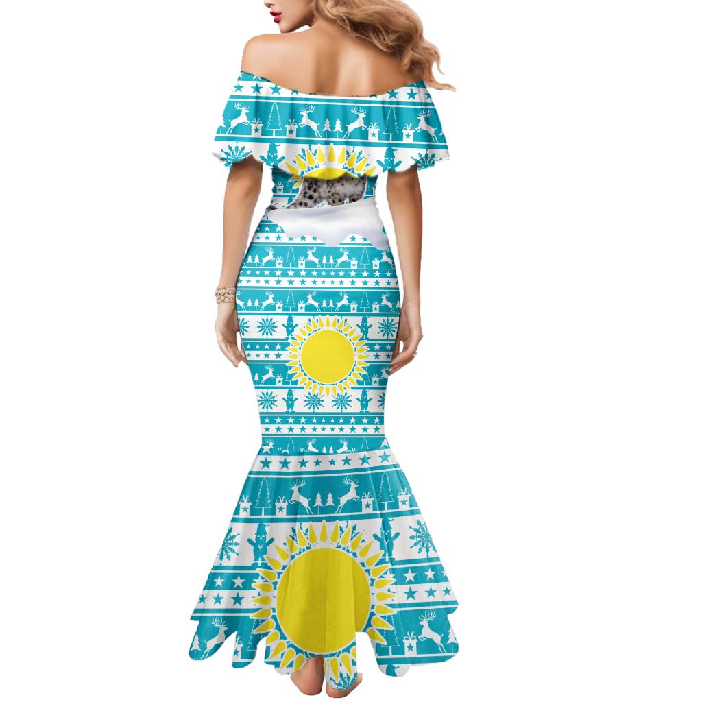Kazakhstan Christmas Mermaid Dress with Snow Leopard in Santa Hat Blue and Yellow Reindeer Snowflake - Wonder Print Shop