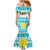 Kazakhstan Christmas Mermaid Dress with Snow Leopard in Santa Hat Blue and Yellow Reindeer Snowflake - Wonder Print Shop