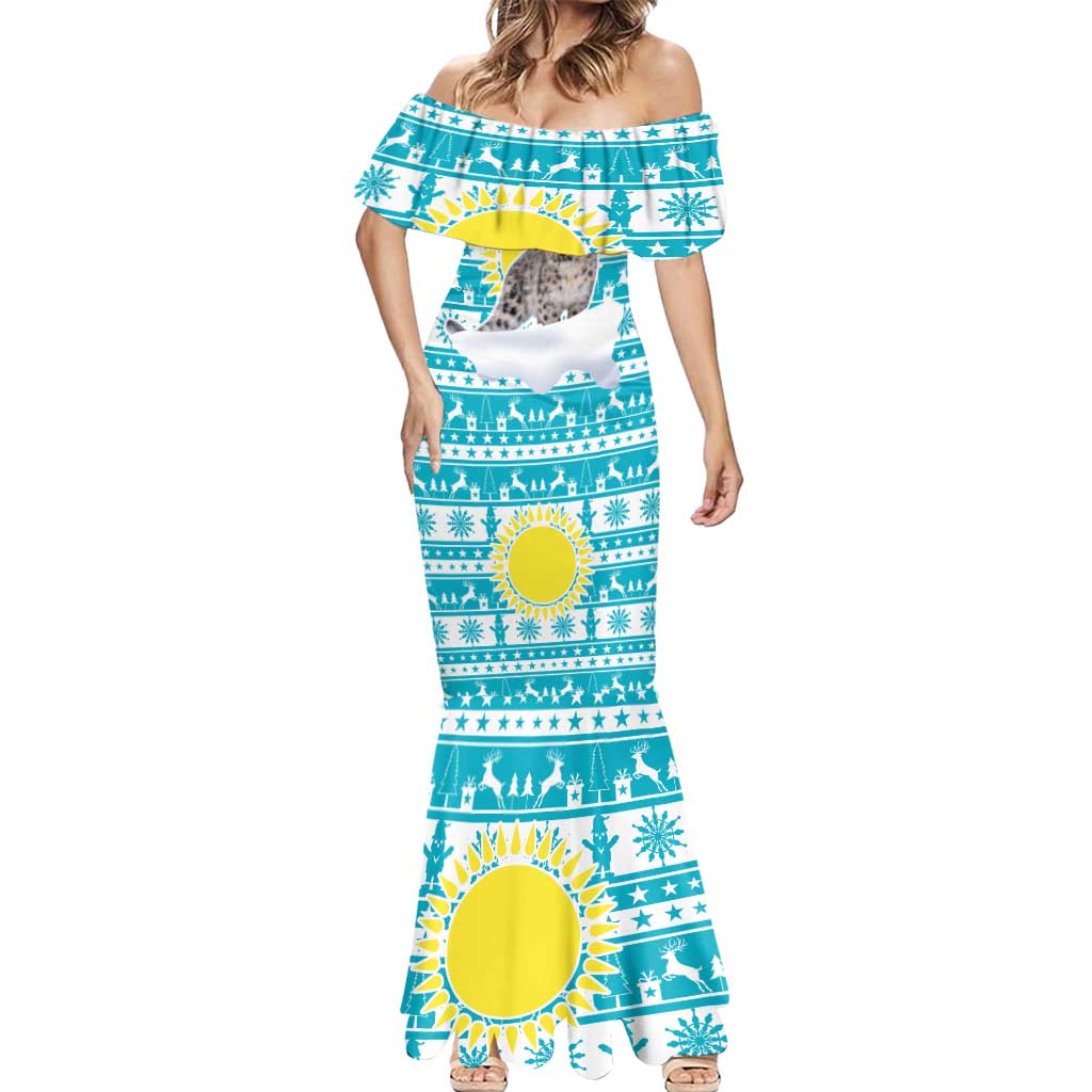 Kazakhstan Christmas Mermaid Dress with Snow Leopard in Santa Hat Blue and Yellow Reindeer Snowflake - Wonder Print Shop