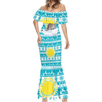 Kazakhstan Christmas Mermaid Dress with Snow Leopard in Santa Hat Blue and Yellow Reindeer Snowflake - Wonder Print Shop