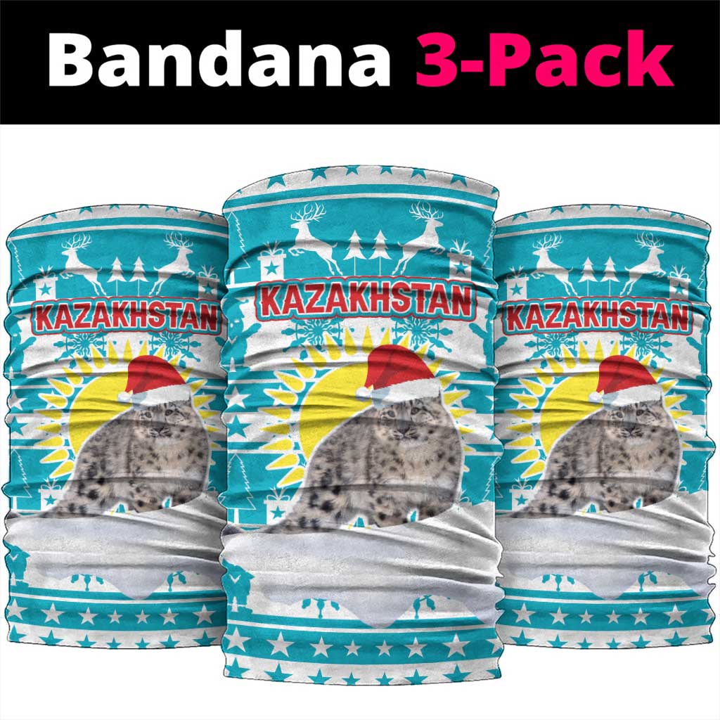 Kazakhstan Christmas Neck Gaiter with Snow Leopard in Santa Hat Blue and Yellow Reindeer Snowflake - Wonder Print Shop