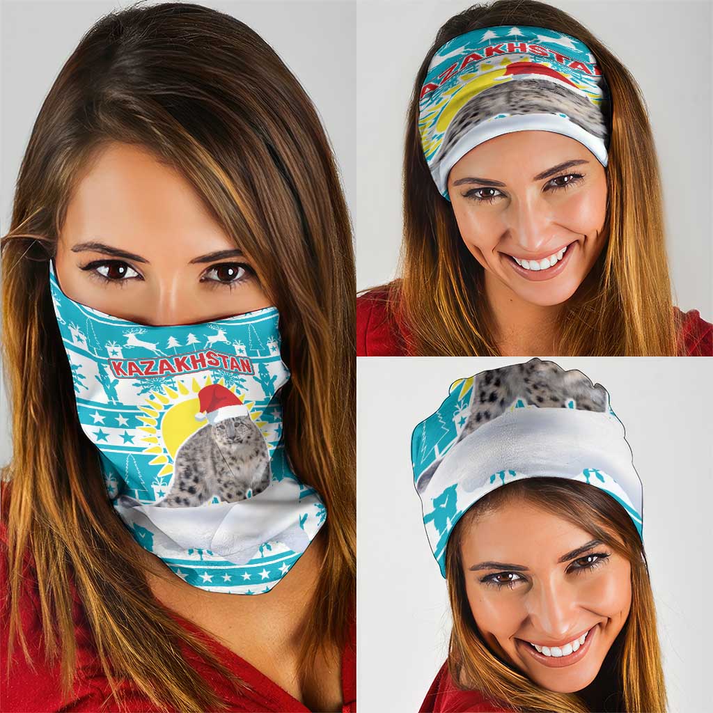 Kazakhstan Christmas Neck Gaiter with Snow Leopard in Santa Hat Blue and Yellow Reindeer Snowflake - Wonder Print Shop