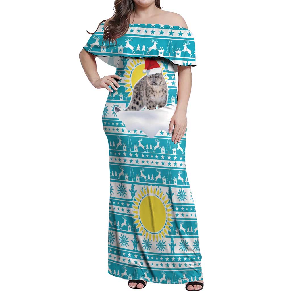Kazakhstan Christmas Off Shoulder Maxi Dress with Snow Leopard in Santa Hat Blue and Yellow Reindeer Snowflake - Wonder Print Shop
