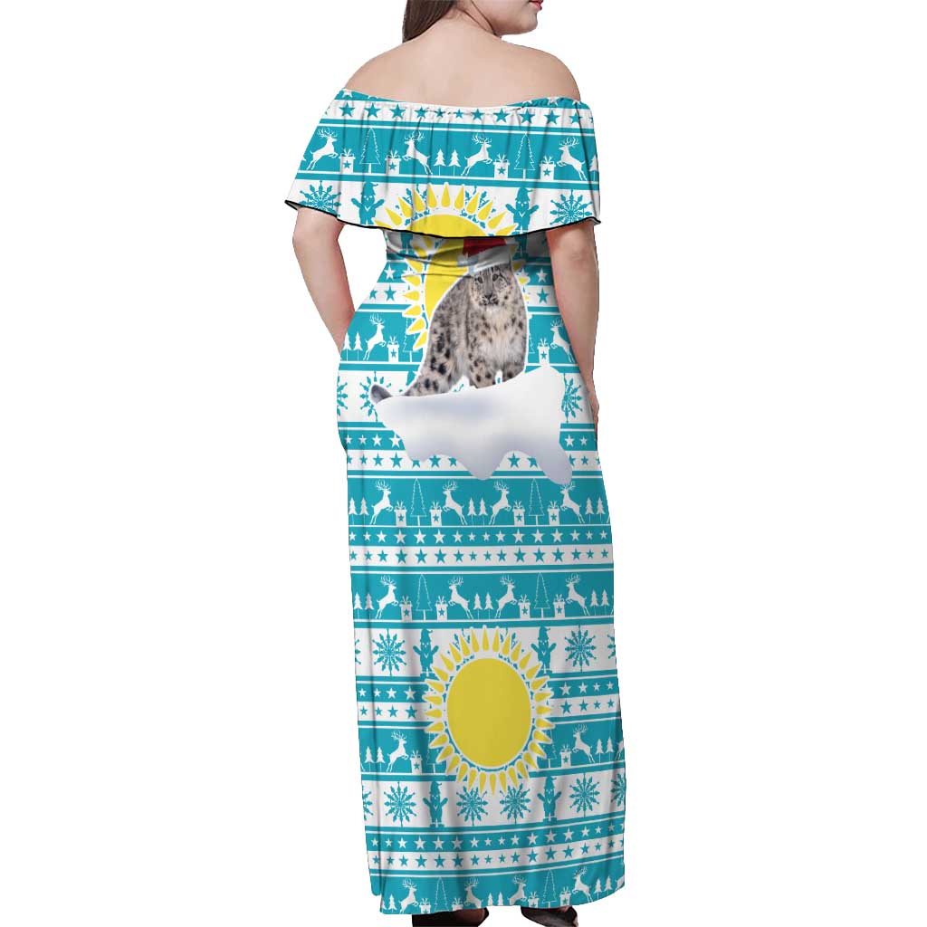 Kazakhstan Christmas Off Shoulder Maxi Dress with Snow Leopard in Santa Hat Blue and Yellow Reindeer Snowflake - Wonder Print Shop