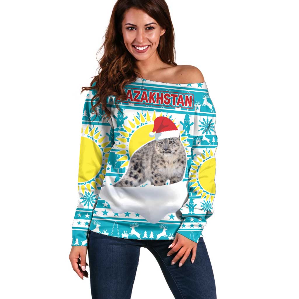 Kazakhstan Christmas Off Shoulder Sweater with Snow Leopard in Santa Hat Blue and Yellow Reindeer Snowflake - Wonder Print Shop